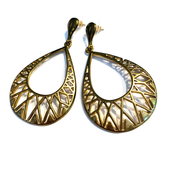 Vintage Y2K Boho Goldtone Pierced Earrings Drop Dangle Teardrop Hoops Festival - Picture 5 of 5